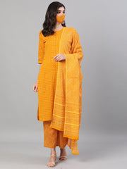 Women Yellow Three-Quarter Sleeves Printed Kurta-Palazzo with pockets Dupatta and Fask Mask