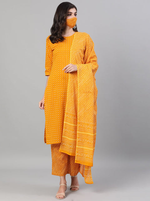 Women Yellow Three-Quarter Sleeves Printed Kurta-Palazzo with pockets Dupatta and Fask Mask