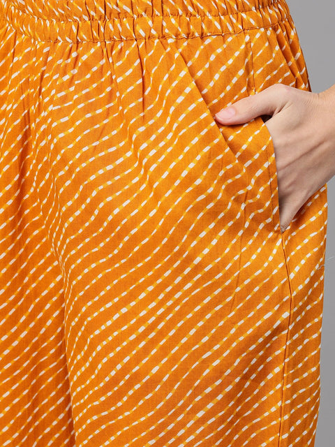 Women Yellow Three-Quarter Sleeves Printed Kurta-Palazzo with pockets Dupatta and Fask Mask