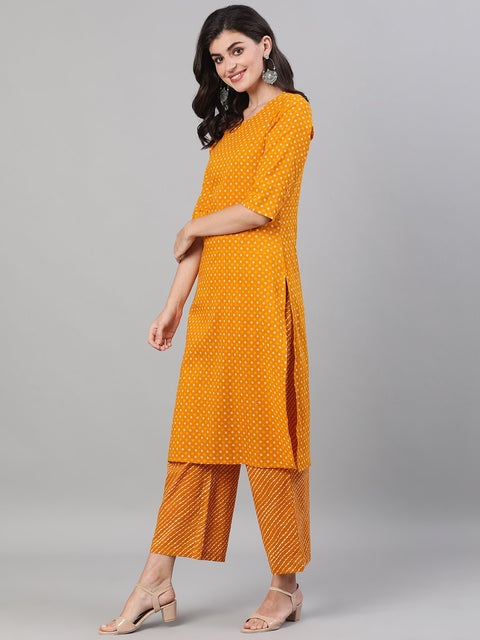 Women Yellow Three-Quarter Sleeves Printed Kurta-Palazzo with pockets Dupatta and Fask Mask