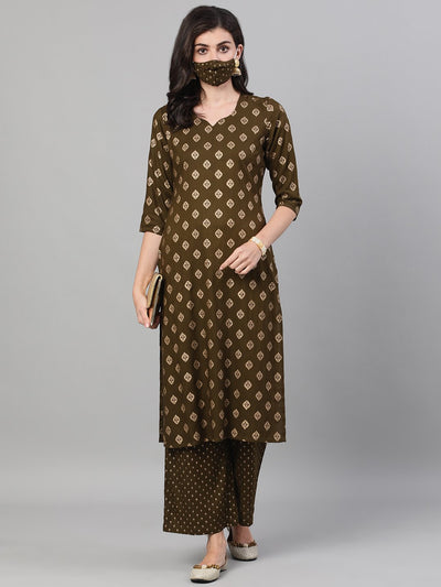 Women Mehendi Green Three-Quarter Sleeves Gold Printed Kurta-Palazzo with pockets and Fask Mask