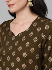 Women Mehendi Green Three-Quarter Sleeves Gold Printed Kurta-Palazzo with pockets and Fask Mask