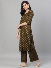Women Mehendi Green Three-Quarter Sleeves Gold Printed Kurta-Palazzo with pockets and Fask Mask