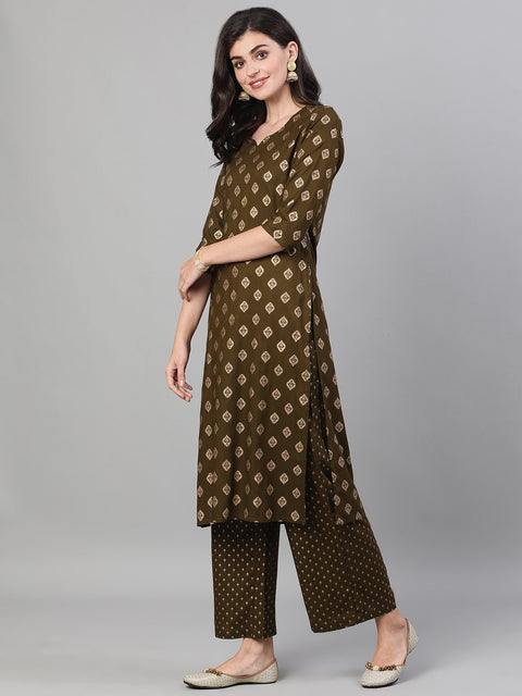 Women Mehendi Green Three-Quarter Sleeves Gold Printed Kurta-Palazzo with pockets and Fask Mask