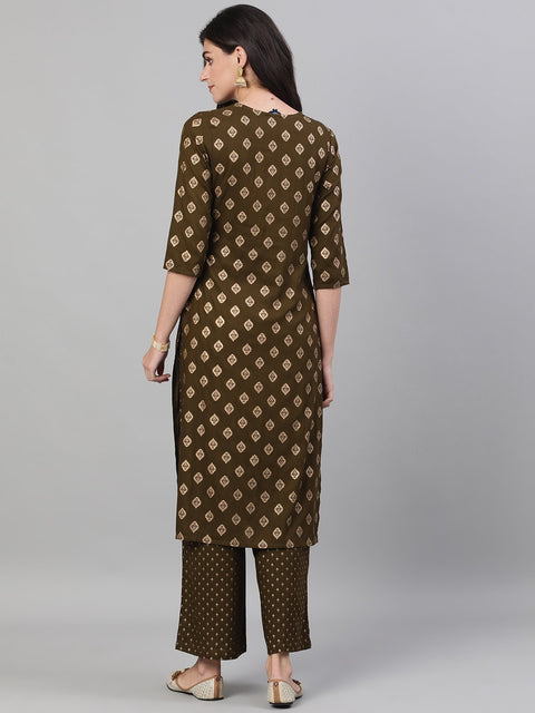 Women Mehendi Green Three-Quarter Sleeves Gold Printed Kurta-Palazzo with pockets and Fask Mask