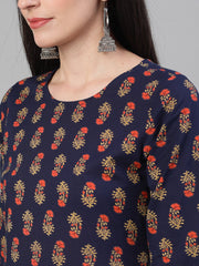 Women Blue Three-Quarter Sleeves Floral Printed Kurta and Palazzo with pockets