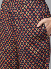 Women Blue Three-Quarter Sleeves Floral Printed Kurta and Palazzo with pockets