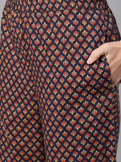 Women Blue Three-Quarter Sleeves Floral Printed Kurta and Palazzo with pockets