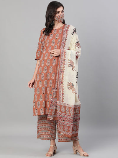 Women Rose Gold Three-Quarter Sleeves Printed Kurta-Palazzo with pockets Dupatta and Face Mask