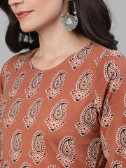 Women Rose Gold Three-Quarter Sleeves Printed Kurta-Palazzo with pockets Dupatta and Face Mask