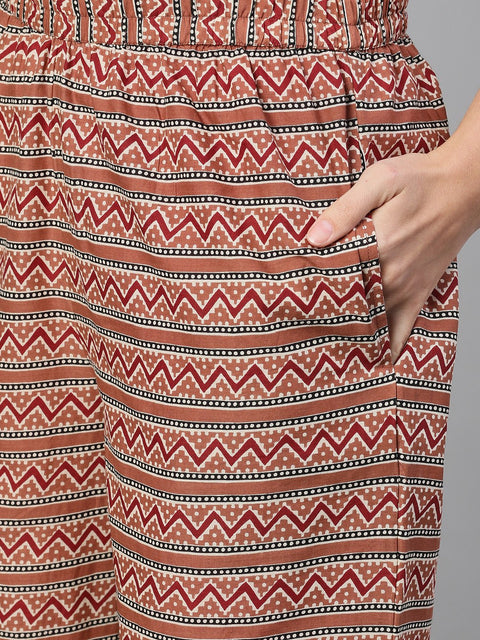 Women Rose Gold Three-Quarter Sleeves Printed Kurta-Palazzo with pockets Dupatta and Face Mask