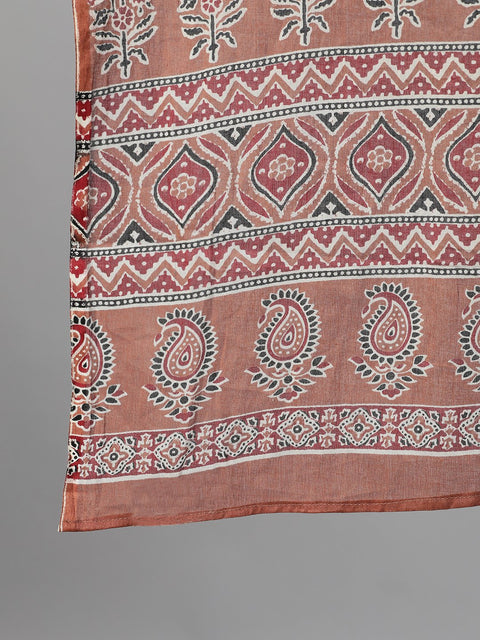 Women Rose Gold Three-Quarter Sleeves Printed Kurta-Palazzo with pockets Dupatta and Face Mask