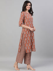Women Rose Gold Three-Quarter Sleeves Printed Kurta-Palazzo with pockets Dupatta and Face Mask