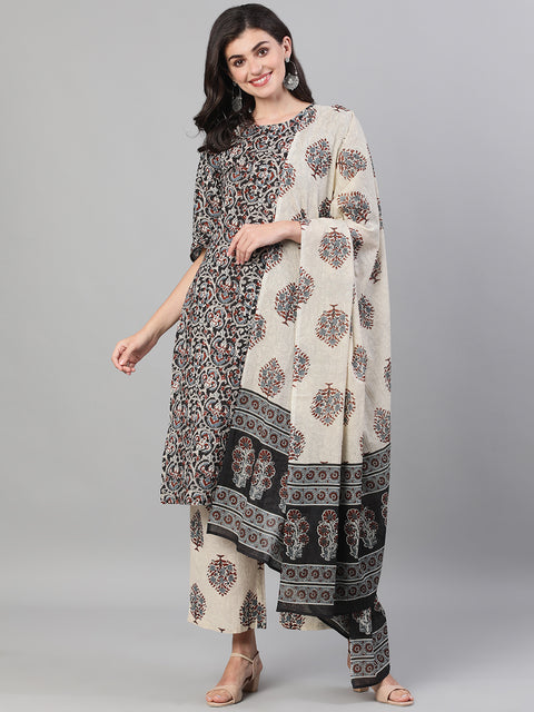 Women Black and White Three-Quarter Sleeves Printed Kurta-Palazzo with pockets Dupatta
