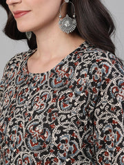 Women Black and White Three-Quarter Sleeves Printed Kurta-Palazzo with pockets Dupatta