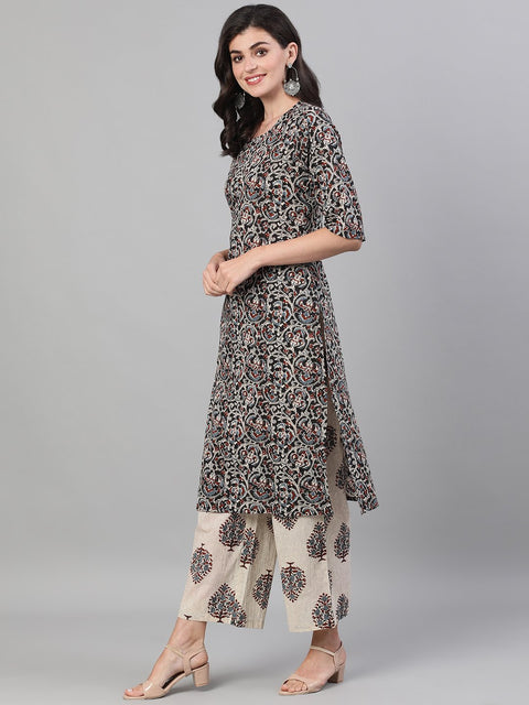 Women Black and White Three-Quarter Sleeves Printed Kurta-Palazzo with pockets Dupatta