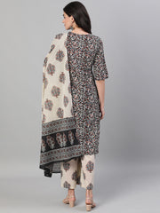 Women Black and White Three-Quarter Sleeves Printed Kurta-Palazzo with pockets Dupatta