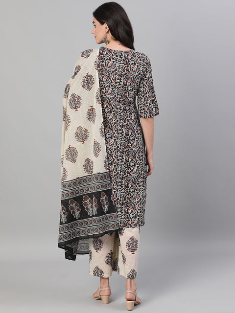 Women Black and White Three-Quarter Sleeves Printed Kurta-Palazzo with pockets Dupatta