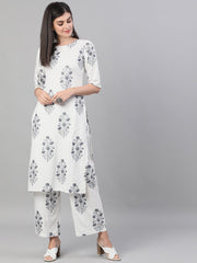 Women White and Blue Three-Quarter Sleeves Printed Kurta-Palazzo with pockets