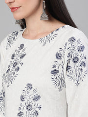 Women White and Blue Three-Quarter Sleeves Printed Kurta-Palazzo with pockets