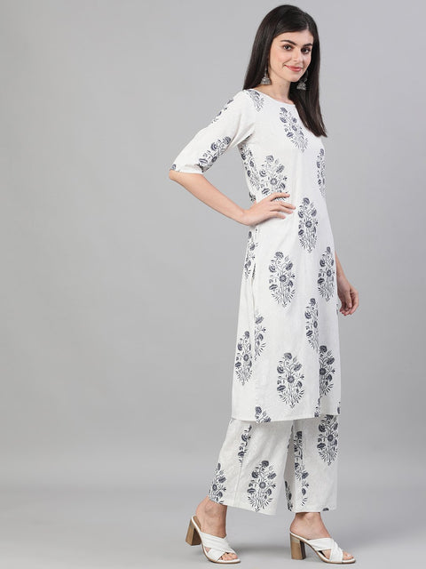 Women White and Blue Three-Quarter Sleeves Printed Kurta-Palazzo with pockets