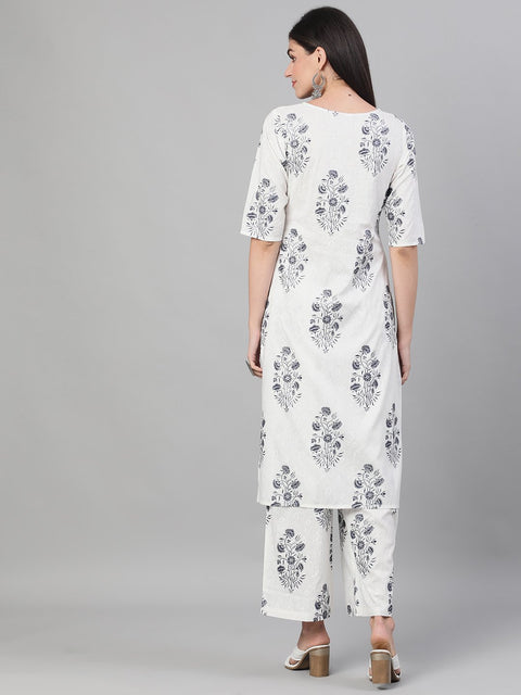 Women White and Blue Three-Quarter Sleeves Printed Kurta-Palazzo with pockets