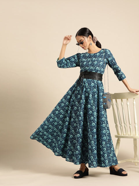 Womens Indigo Floral Printed Flared Dress with Round Neck & Three quarters Sleeves