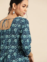 Womens Indigo Floral Printed Flared Dress with Round Neck & Three quarters Sleeves