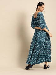 Womens Indigo Floral Printed Flared Dress with Round Neck & Three quarters Sleeves