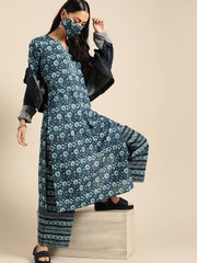 Women Indigo Three-Quarter Sleeves Straight Kurta With Palazzo