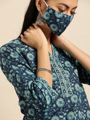 Women Indigo Three-Quarter Sleeves Straight Kurta With Palazzo