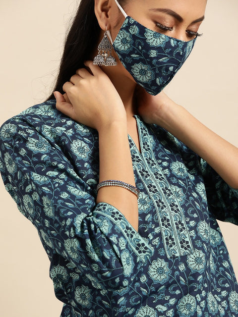 Women Indigo Three-Quarter Sleeves Straight Kurta With Palazzo