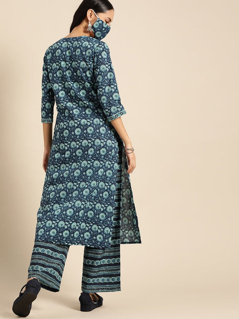 Women Indigo Three-Quarter Sleeves Straight Kurta With Palazzo