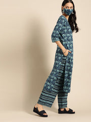 Women Indigo Three-Quarter Sleeves Straight Kurta With Palazzo