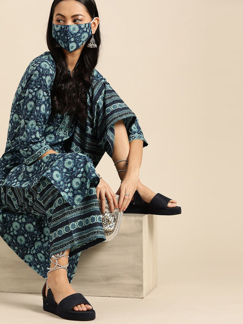 Women Indigo Three-Quarter Sleeves Straight Kurta With Palazzo