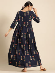 Womens Navy Blue Gold Printed Dress with Boat Neck & three quarter sleeves
