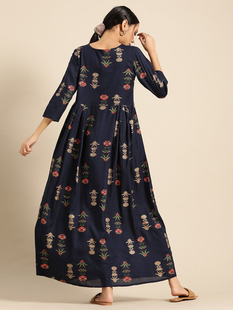 Womens Navy Blue Gold Printed Dress with Boat Neck & three quarter sleeves