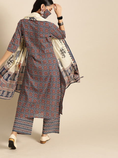 Women Red & Indigo Three-Quarter Sleeves Straight Kurta With Palazzo & printed Dupatta