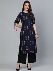Women Navy Blue Floral Printed Straight Kurta With Round Neck & Three Qauter Sleeves