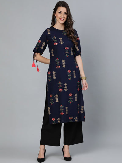 Women Navy Blue Floral Printed Straight Kurta With Round Neck & Three Qauter Sleeves