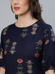 Women Navy Blue Floral Printed Straight Kurta With Round Neck & Three Qauter Sleeves