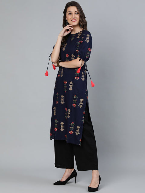 Women Navy Blue Floral Printed Straight Kurta With Round Neck & Three Qauter Sleeves