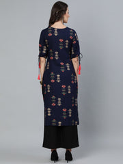 Women Navy Blue Floral Printed Straight Kurta With Round Neck & Three Qauter Sleeves