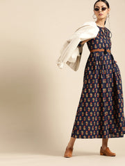 Womens Indigo Floral Printed Gathered Dress with Round Neck & Three quarters Sleeves