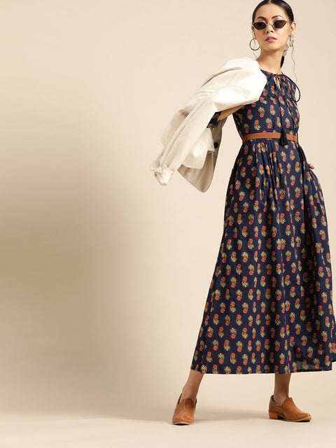 Womens Indigo Floral Printed Gathered Dress with Round Neck & Three quarters Sleeves