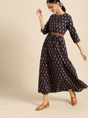 Womens Indigo Floral Printed Gathered Dress with Round Neck & Three quarters Sleeves