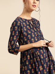 Womens Indigo Floral Printed Gathered Dress with Round Neck & Three quarters Sleeves