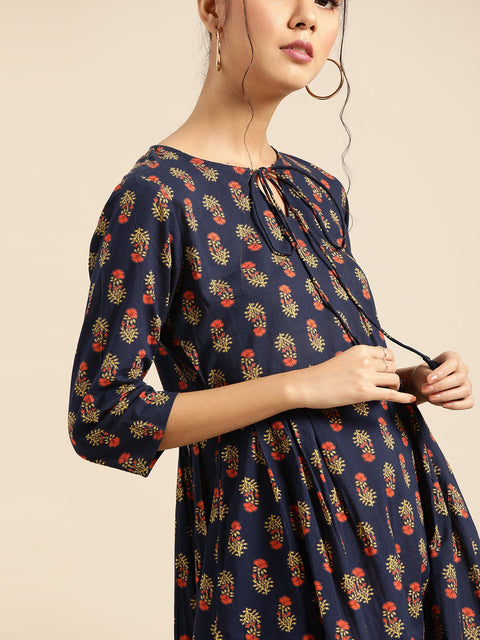 Womens Indigo Floral Printed Gathered Dress with Round Neck & Three quarters Sleeves