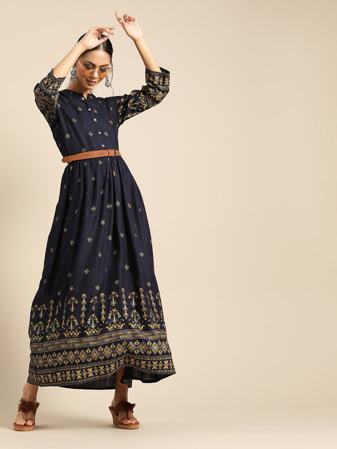 Womens Navy Blue & Gold Ethinic Printed Dress With Mandarin Collar & Three Quarter Sleeves
