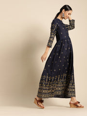 Womens Navy Blue & Gold Ethinic Printed Dress With Mandarin Collar & Three Quarter Sleeves